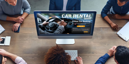 car rental website on computer screen for tourist to rent a car for transportation briskの素材