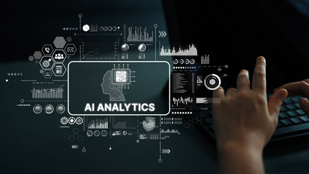 Futuristic Artificial Intelligence Analytics Concept in Digital Workspace with Graphs and Data...
