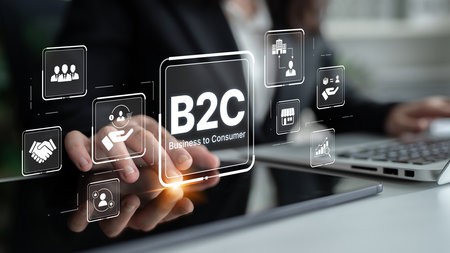 B2C strategy focus on delivery products directly to consumer. Successful B2C model enhance consumer engagement, streamline B2C logistics, and boost consumer satisfaction through digital retail.の写真素材