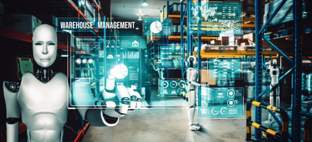Innovative industry robot working in warehouse for human labor replacement . Concept of artificial...