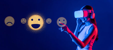 A vibrant image of a young woman wearing a virtual reality headset, interacting with engaging...