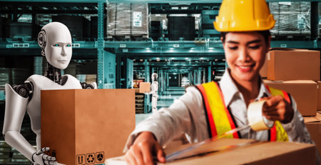 Innovative industry robot working in warehouse together with human worker . Concept of artificial...