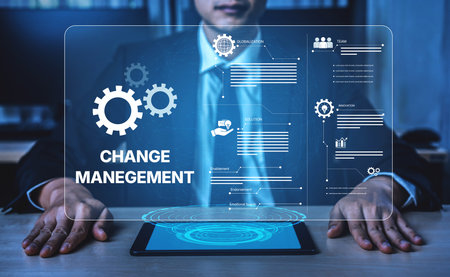 Change management strategy combining innovation, globalization, and teamwork to enable business transformation and emotional engagement in modern organizationsの写真素材