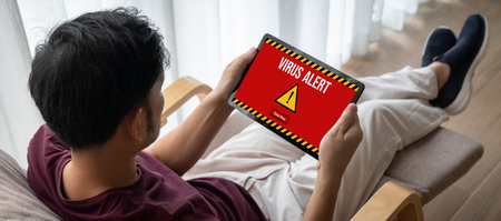 Virus warning alert on computer screen detected modish cyber threat , hacker, computer virus and malwareのeditorial素材