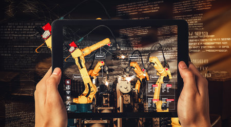 Engineer controls robotic arms by augmented reality industry technology application software. Smart...