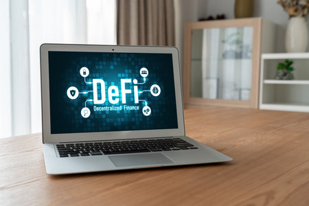 Decentralized finance or DeFi concept on modish computer screen . The defi system give new choice of...