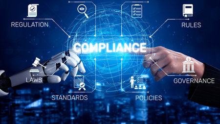 Compliance ensures alignment with standards, laws, and policies. A strong compliance system helps enforce regulation, protect organizations, and improve global compliance transparency.の写真素材