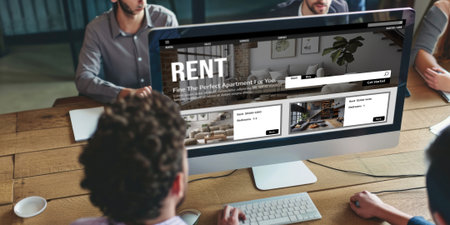 Online real estate rental search brisk on computer. House home or apartment rental website online.の素材
