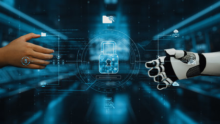 This image showcases a close interaction between a human hand and a robotic hand, emphasizing...