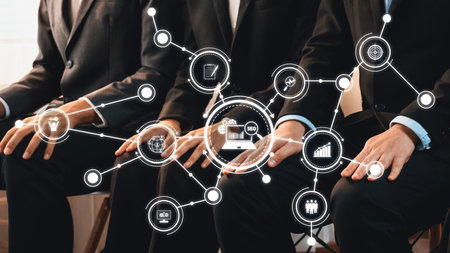 Three business professionals engage in a discussion while connected by conceptual network graphics...