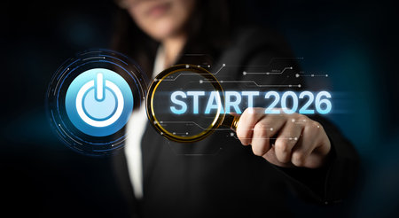 Start 2025 concept with futuristic power button symbolizing fresh beginnings, innovation, and...