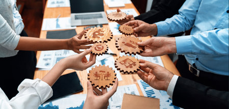 A diverse group of professionals collaborates in a modern office, exchanging innovative ideas...