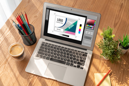 Graphic designer software for modern design of web page and commercial ads showing on the computer...