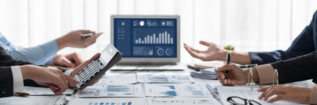 Business intelligence and data analysis concept. Analyst team working on financial data analysis dashboard on laptop screen as marketing indication for effective business strategic planning. Insightの写真素材