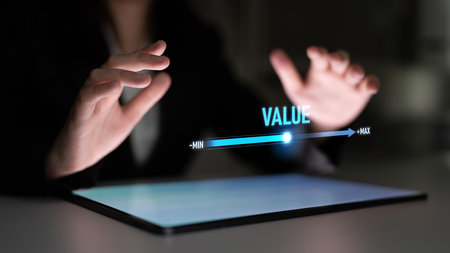 Value measurement and adjustment concept showing value, performance, and optimization level with...