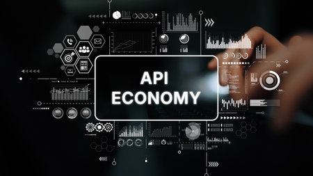 Digital Representation of API Economy with Data Visualization, Charts, and Graphs in Modern...