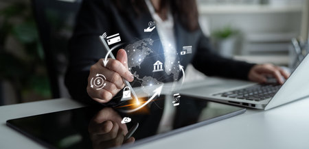 Worldwide digital payment network showing secure financial transactions. Digital payment supports...