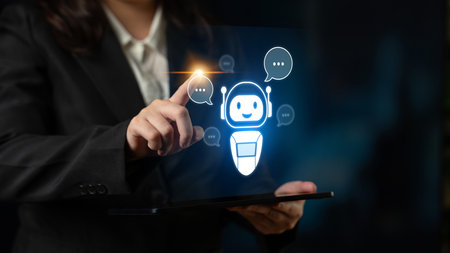 AI chatbot virtual assistant interacting with users through AI conversation bubbles, symbolizing AI automation, smart communication, and AI digital artificial intelligence help supportの写真素材
