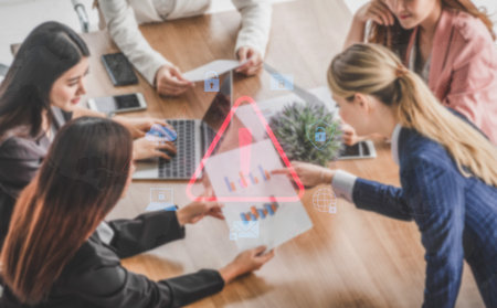 Cybersecurity threat alert protects data. Cyber security threat alert prevents access, alert warns breach, defends system, and cyber security threat alert identifies risk. Vouchの写真素材