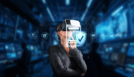 A business professional using virtual reality technology to ensure compliance and regulation in a...