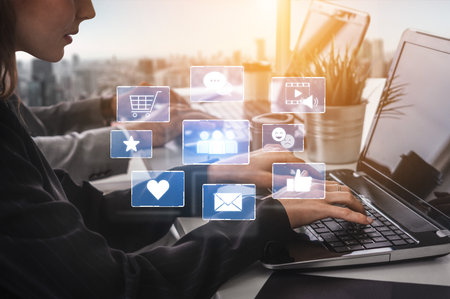 Icons representing social media interaction, communication, and engagement. Social media builds...