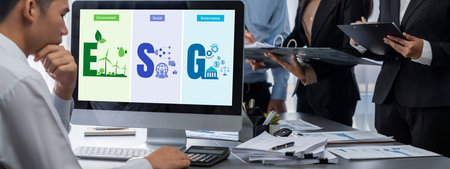 Business intelligence and data analysis concept. Analyst team working on financial data analysis dashboard on laptop screen as marketing indication for effective business strategic planning. Insightの写真素材