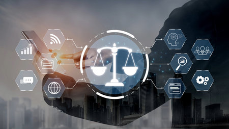 Futuristic digital law interface displaying justice scale, highlighting digital law, AI compliance,...