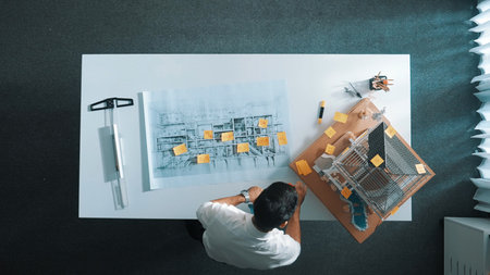 Top down view of architect engineer writing building structure idea on note and stick on blueprint. Aerial view of manager working on notes or taking notes while opening project plan.の写真素材