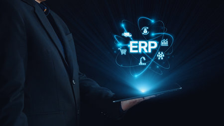 ERP platform visual showing centralized system for enterprise resource planning, improving integration, data flow, business efficiency, finance, inventory, and human resources.の写真素材