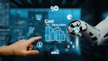 A captivating scene showing a robotic arm and a human hand collaborating on a digital cost reduction project. A modern office backdrop enhances the theme of innovation and strategy.の写真素材