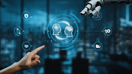 A detailed illustration showcasing the interaction between humans and robots through a virtual brain...