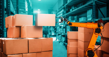 Smart robot arm system for innovative warehouse and factory digital technology . Automation manufacturing robot controlled by industry engineering using IOT software connected to internet network .の写真素材