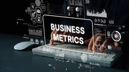 Business Analytics and Metrics Visualization with a Keyboard and Data Graphics in a Digital Workspace. Asymptotic smart data analytic.の写真素材