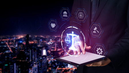 Futuristic digital law interface displaying justice scale, highlighting digital law, AI compliance, digital law systems, and digital law regulations for secure governance. Splineの写真素材
