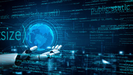 A futuristic robot hand holds a glowing globe surrounded by streams of code, symbolizing the fusion...