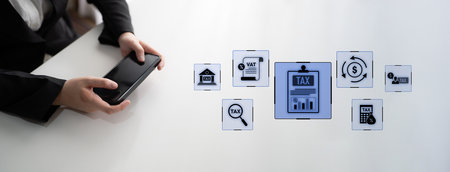 Financial regulation and tax compliance concept showing tax document, VAT, transaction flow, and...