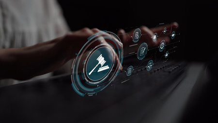 Futuristic digital law interface displaying justice scale, highlighting digital law, AI compliance, digital law systems, and digital law regulations for secure governance.の写真素材