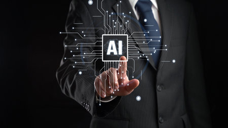 Human interact with AI artificial intelligence brain processor in concept of AI artificial intelligence engineering, big data and AI machine learning to use generative AI for business support. Faasの写真素材