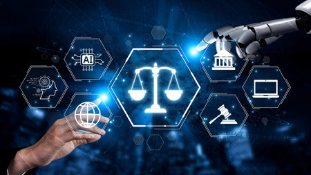 Futuristic digital law interface displaying justice scale, highlighting digital law, AI compliance,...