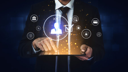 Digital KYC verification with biometric scan, ID authentication, and financial security icons representing identity verification, secure onboarding, fraud prevention, and compliance Vouchの写真素材