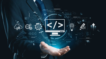 Modern web development concept featuring coding symbols, web development process, web development...