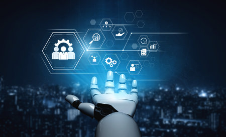 AI optimizing business management system, enhancing productivity, tracking progress, analyzing...