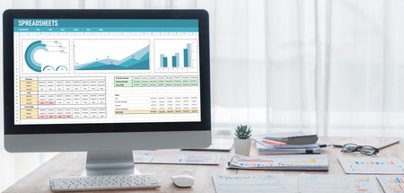 Spreadsheet document information financial startup concept. data and graphs in spreadsheet documents...