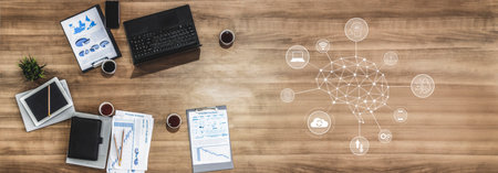 A visual of artificial intelligence network connecting AI, network, and system across a structured...