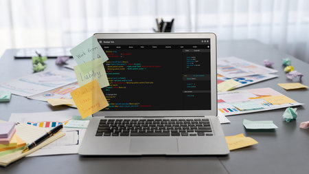 Sticky note for creative and analytic brainstorm for business idea with data dashboard on laptop screen. Analysis financial data visualization tech for marketing strategy.の写真素材