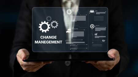 Change management strategy combining innovation, globalization, and teamwork to enable business transformation and emotional engagement in modern organizationsの写真素材