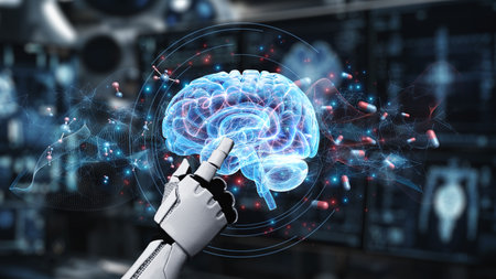 Close up of robotic hand pointing and clicking at brain holographic to access medical data or diagnosis symptom. Robotic hand checking at brain anatomy while using AI analyzing symptom. Salubrious.の写真素材
