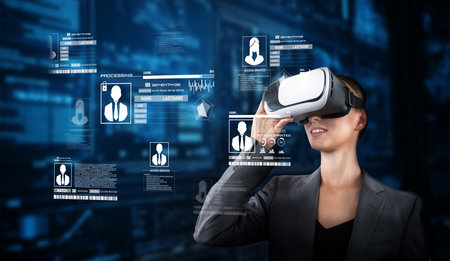A professional experiences virtual reality technology for managing personal data and enhancing identity security. Explore the future of digital privacy and protection.の写真素材