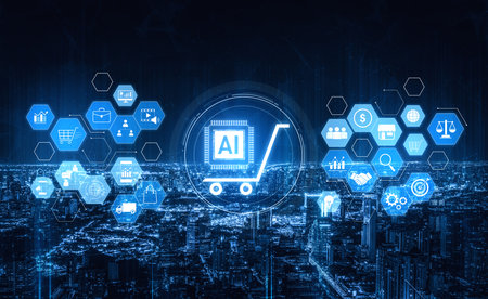 AI-powered e-commerce ecosystem connecting customer data, marketing, logistics, product management, and business intelligence to drive retail efficiency and digital growthの写真素材