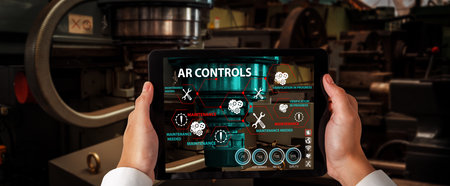 Engineer use augmented reality software in smart factory production line with automated application...
